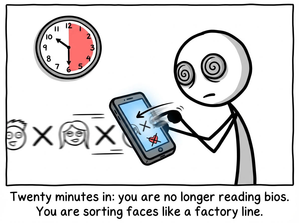 The stick figure swiping left rapidly, profiles blurring together, eyes beginning to glaze over, a clock showing thirty minutes have passed