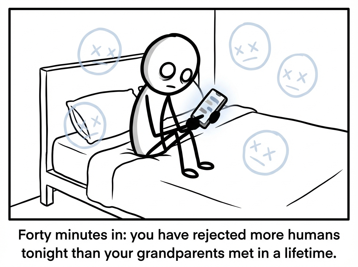 The stick figure still swiping but now looking hollow, surrounded by ghostly outlines of discarded profiles floating in the air around the bed