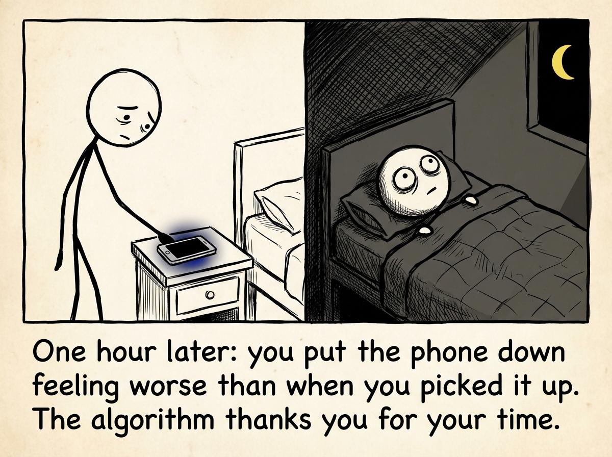 The stick figure putting the phone face-down on the nightstand, staring at the ceiling, feeling somehow lonelier than before they started