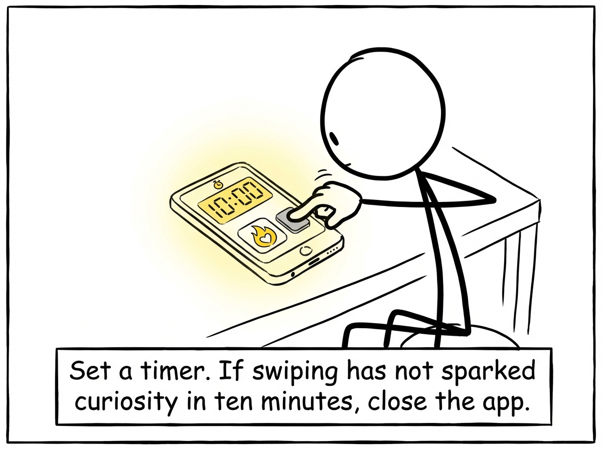 A stick figure setting a ten-minute timer before opening a dating app