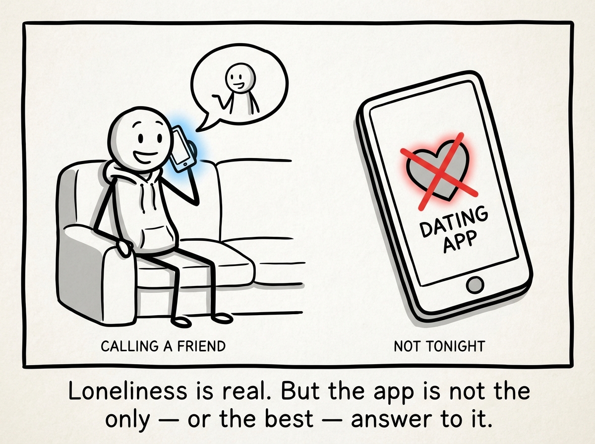 A stick figure calling a friend instead of opening a dating app on a lonely Sunday night