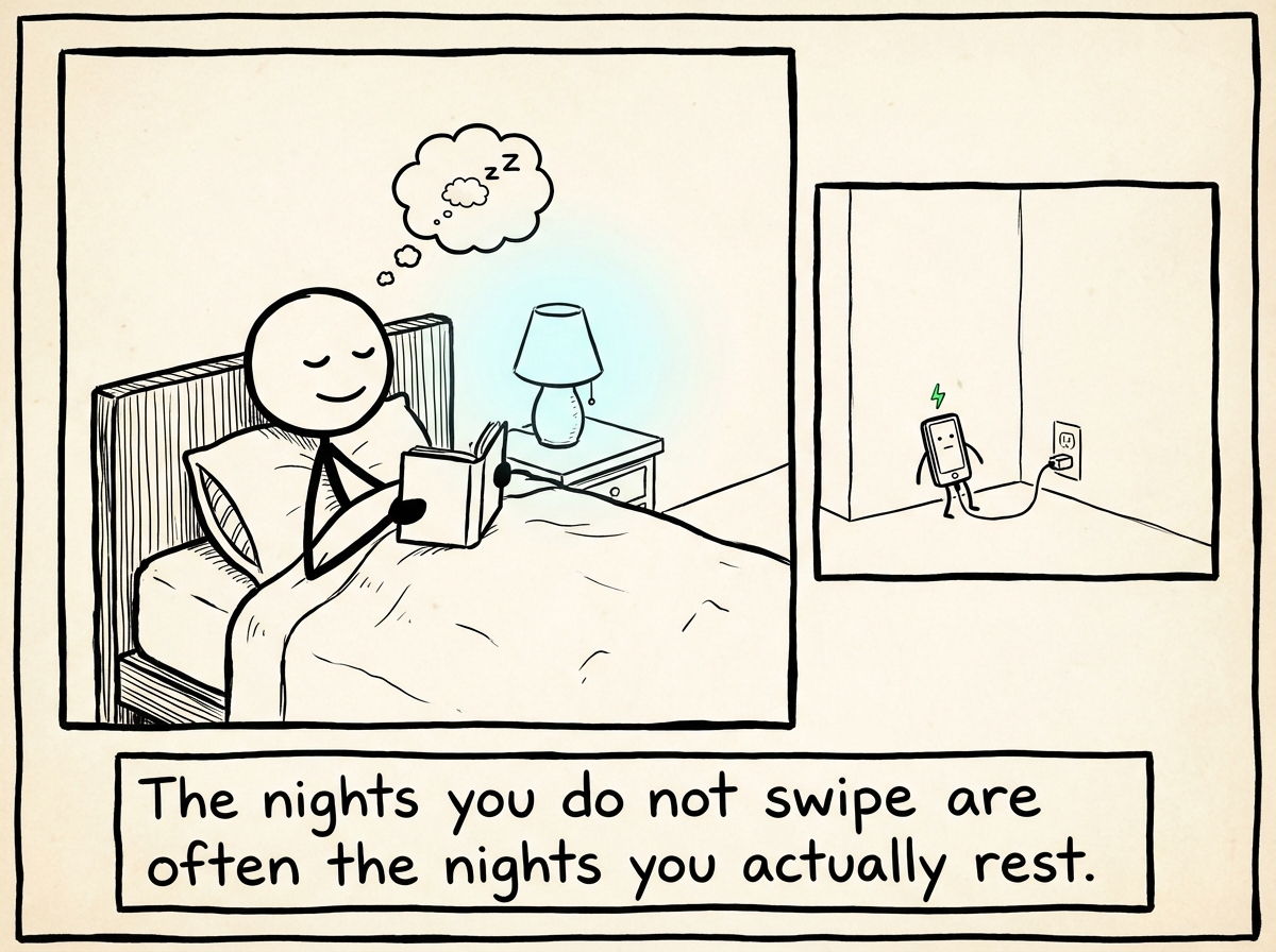 A stick figure reading a book in bed with the phone charging in another room, looking peaceful