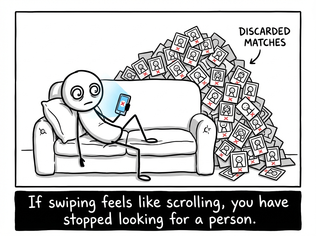 A stick figure on a couch mindlessly swiping left on a phone, eyes glazed, with a growing pile of discarded matches behind them