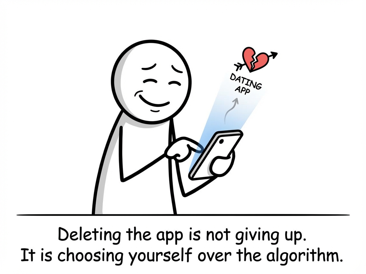 A stick figure deleting a dating app from their phone with a look of relief
