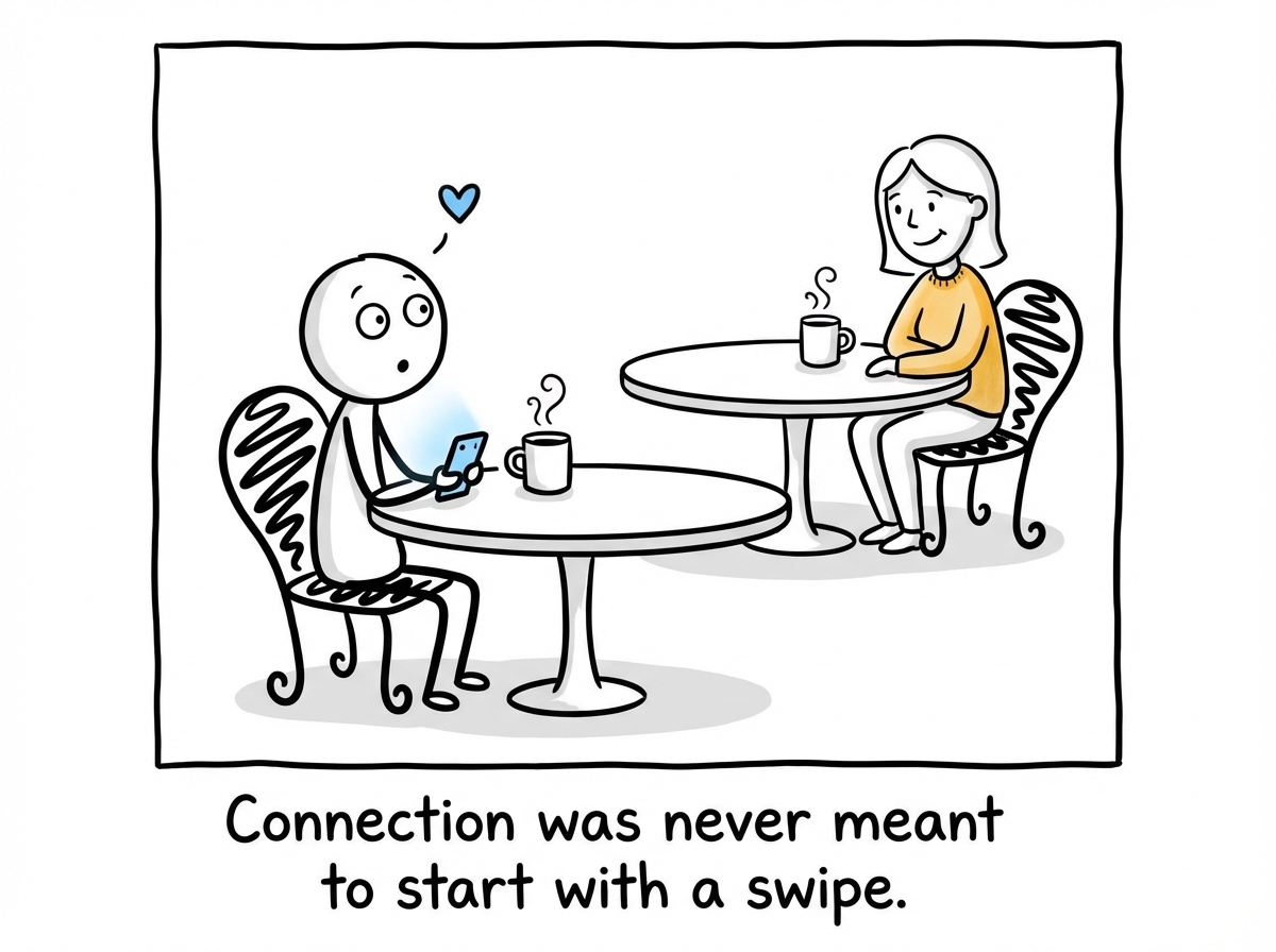 A stick figure at a coffee shop looking up from their phone and noticing a real person smiling at them