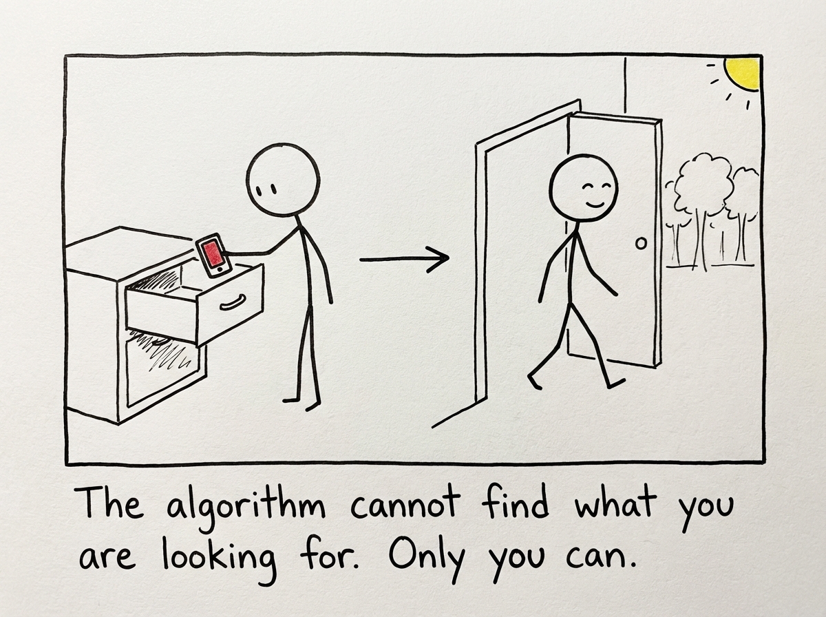 A stick figure putting their phone in a drawer and walking out the front door with a small smile