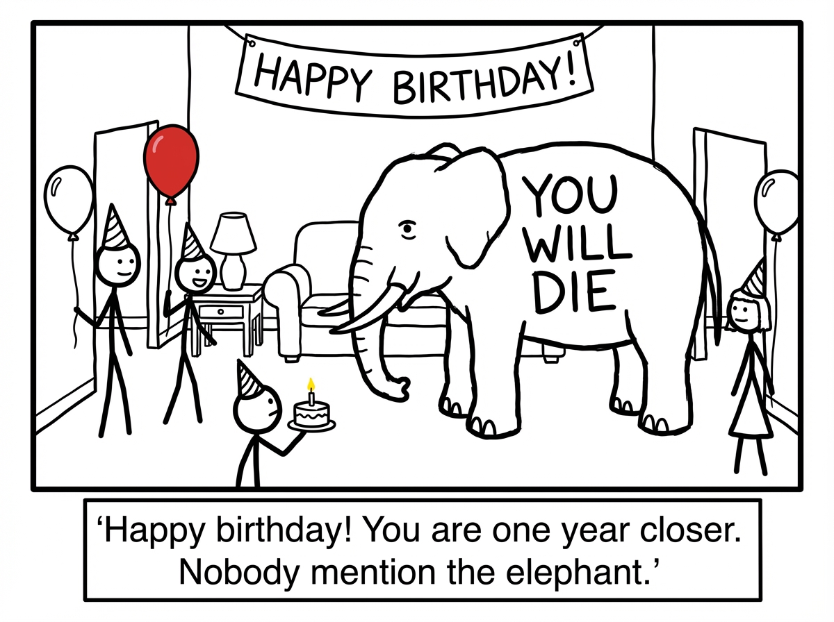 A stick figure at a cheerful birthday party with balloons and cake, but an enormous grey elephant stands in the center of the room with a banner across its side reading 'YOU WILL DIE SOMEDAY' -- the other party guests smile and chat around it as if it is invisible