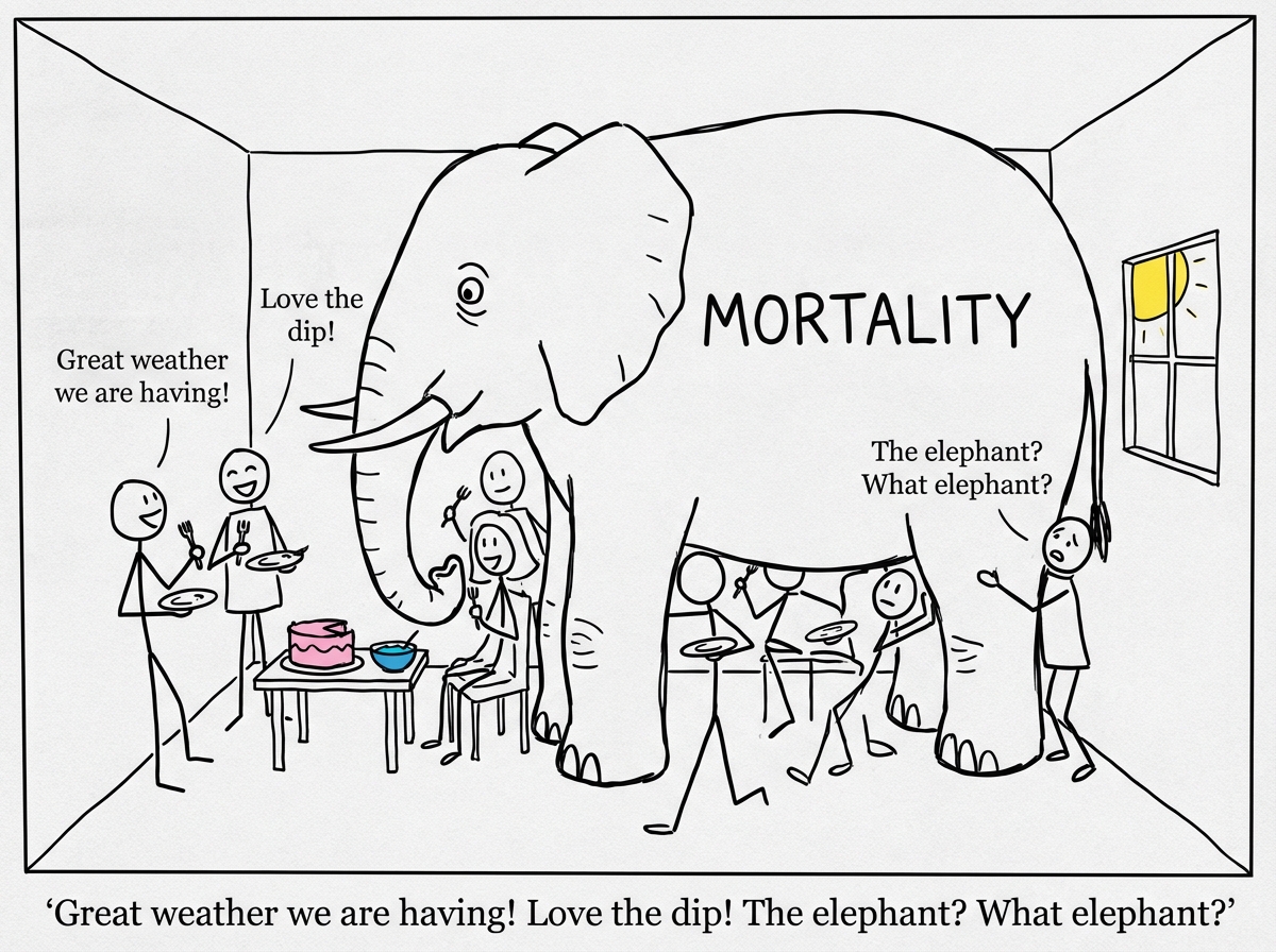 The stick figure at an office meeting, the same massive elephant squeezed into the conference room -- colleagues discuss quarterly targets and weekend plans while physically climbing over the elephant's legs to reach the whiteboard