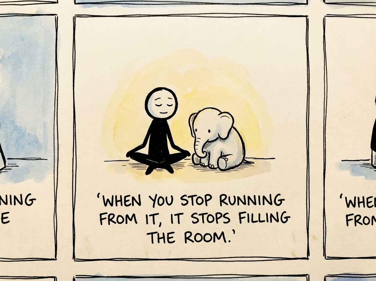The stick figure sitting quietly on the floor next to the elephant, one hand resting on its side -- the elephant has shrunk to the size of a large dog and looks calm, and the figure's expression is peaceful and present