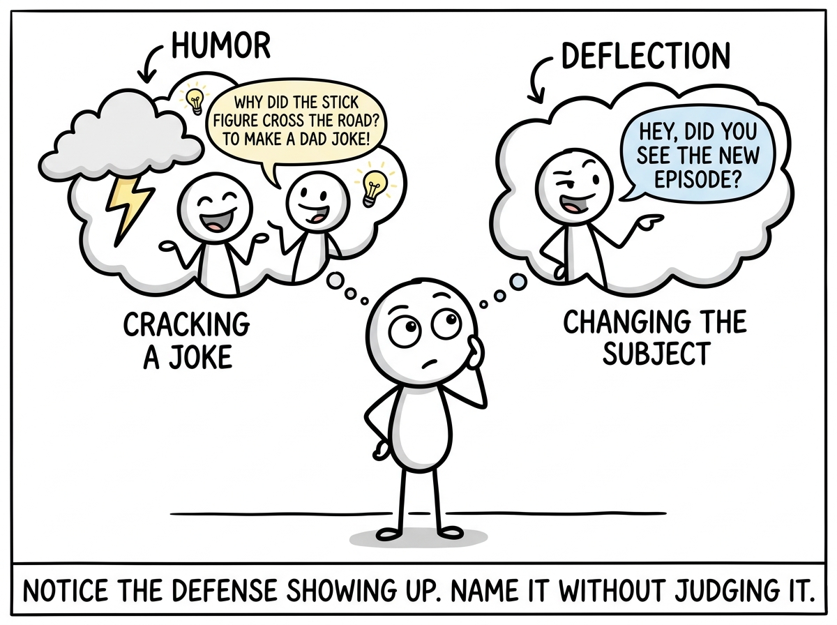 A stick figure noticing their bodyguard parts activating -- Humor cracking a joke, Deflection changing the subject -- and pausing with a curious expression