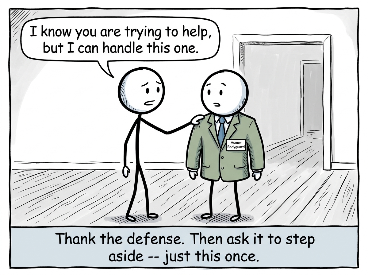 The stick figure gently placing a hand on the Humor bodyguard's shoulder, saying 'I know you are trying to help, but I can handle this one'