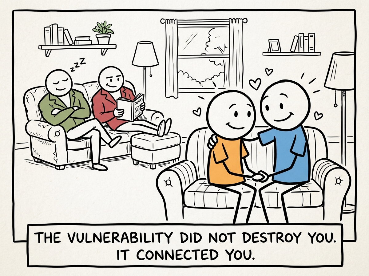 The stick figure and the friend in a genuine, warm connection while the bodyguards relax in the background, finally off duty