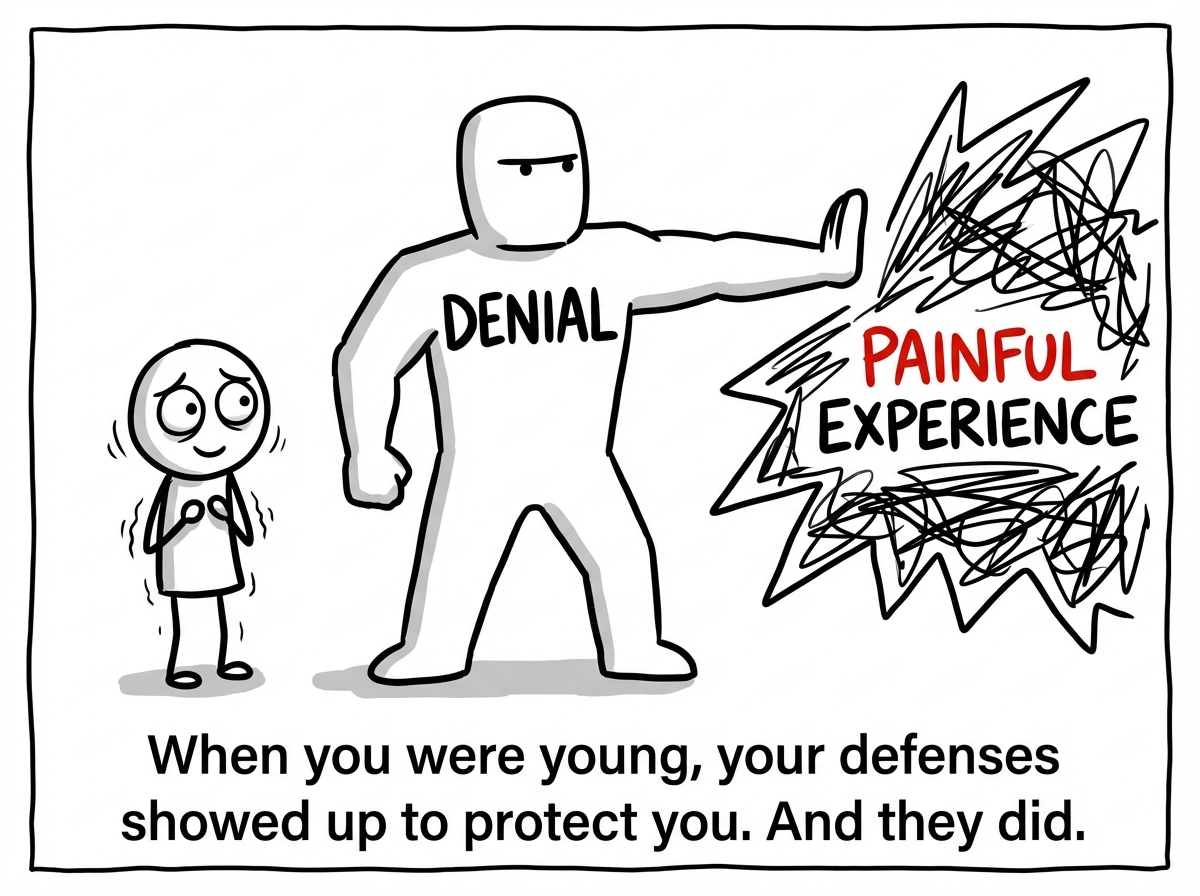 A small stick figure child looking scared while a large bodyguard figure labeled 'Denial' steps in front of them, blocking a painful experience. The child looks relieved
