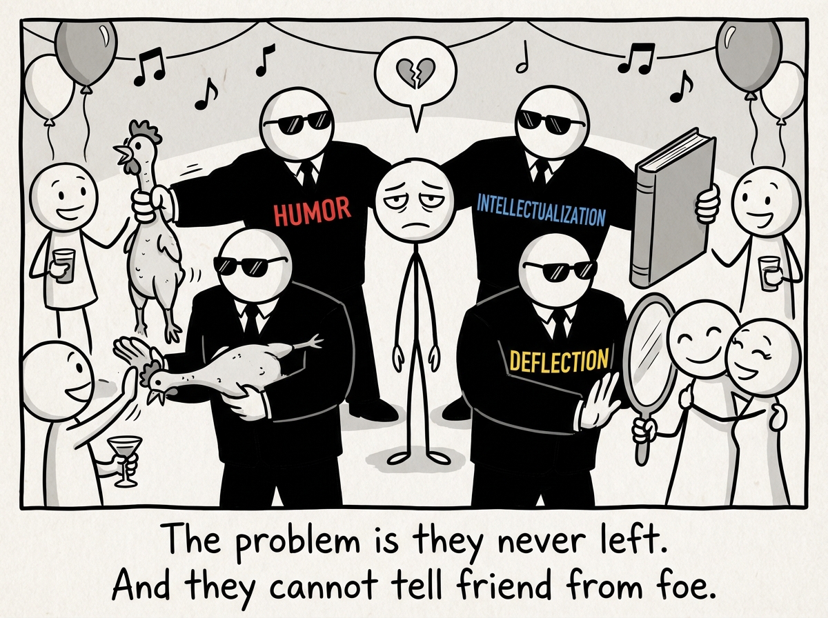 The same stick figure now grown up, at a party, trying to connect with someone. But bodyguards labeled 'Humor,' 'Intellectualization,' and 'Deflection' form a wall around them, turning away anyone who gets close