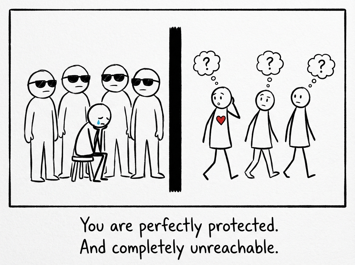 The stick figure sitting alone behind the wall of bodyguards, looking safe but lonely, while figures who care about them walk away confused on the other side