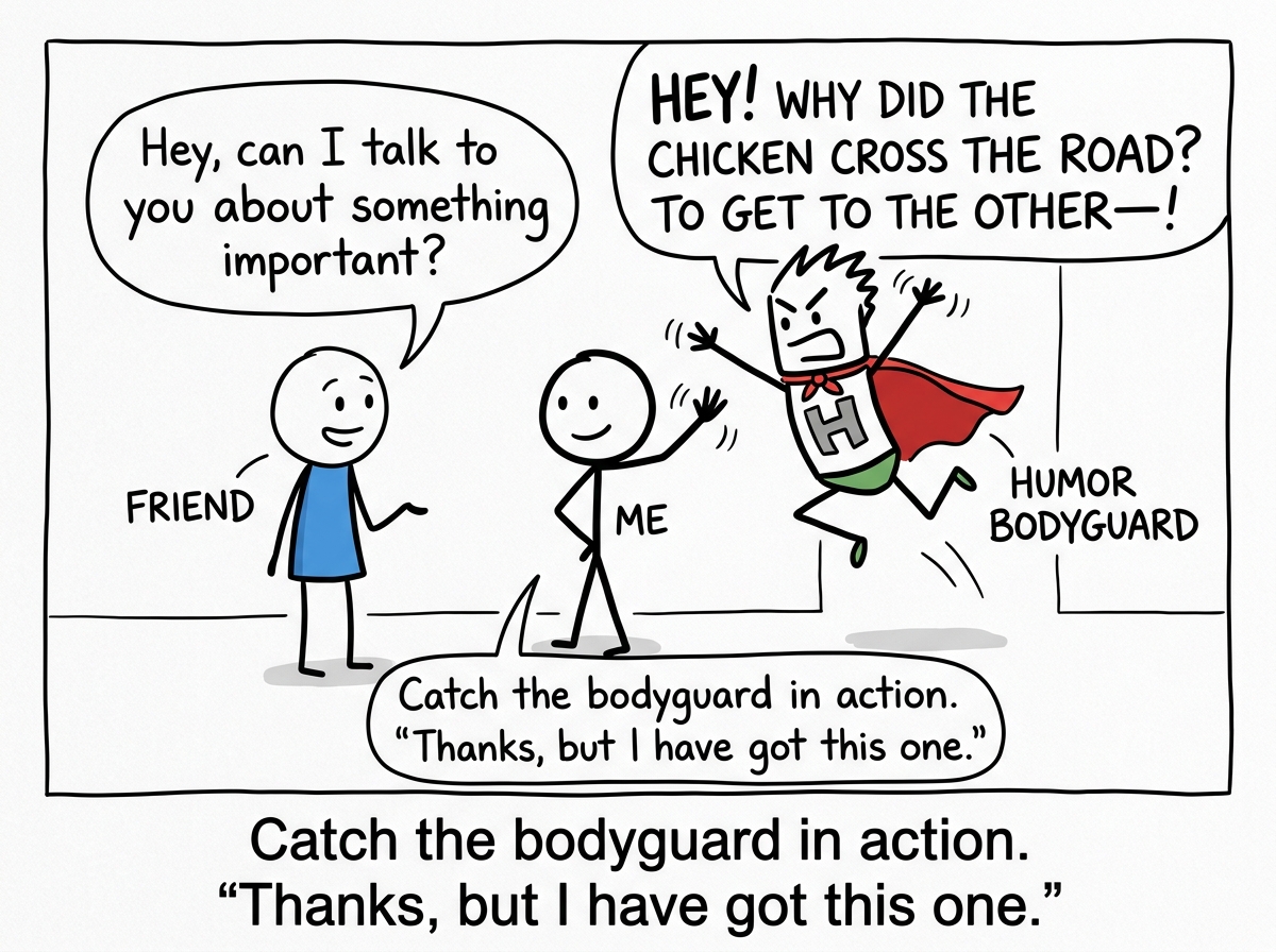 A stick figure noticing their Humor bodyguard jumping in with a joke when someone asks a sincere question, and gently waving it down
