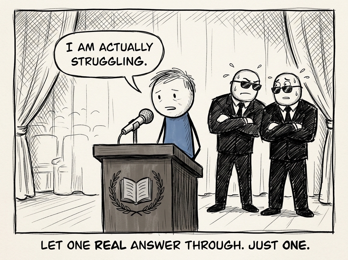 The stick figure choosing to answer the sincere question honestly -- 'I am actually struggling' -- while the bodyguards watch nervously from behind