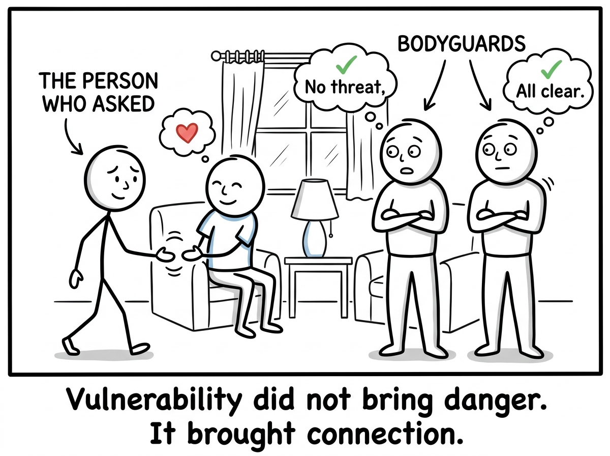 The person who asked looking relieved and moving closer, while the bodyguards realize no threat has materialized
