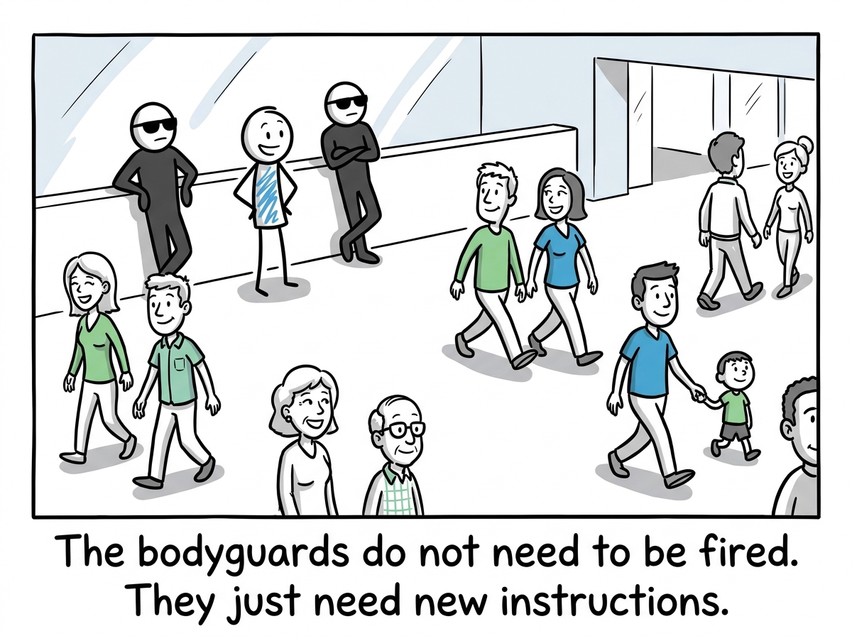 The stick figure with bodyguards still present but standing back, giving space for real people to get through