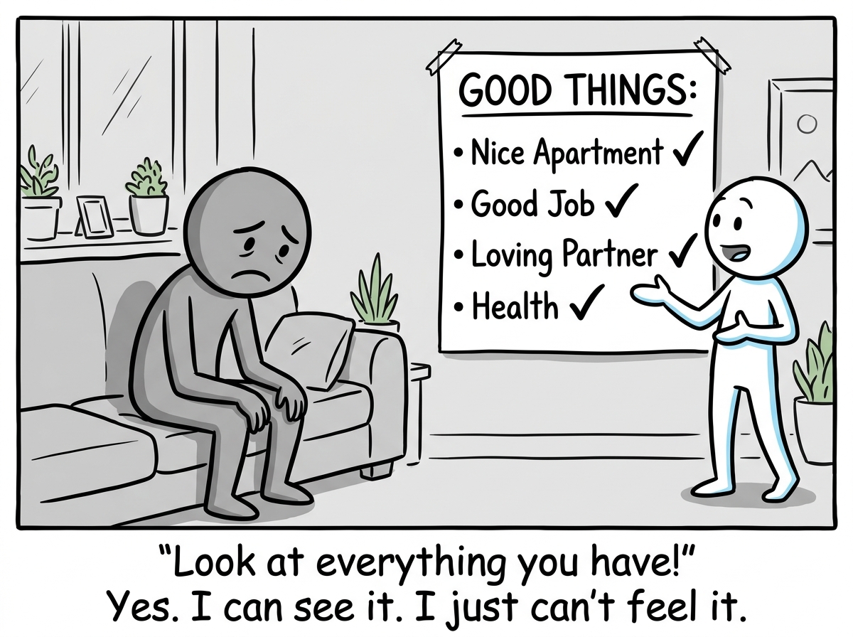 A depressed gray stick figure sitting on a couch while a well-meaning friend gestures at a checklist of good things: nice apartment, good job, loving partner, health