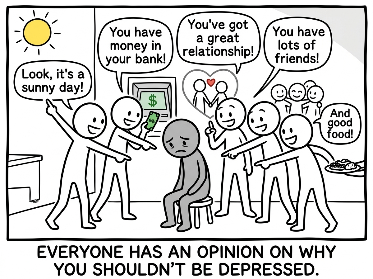 The gray stick figure now surrounded by multiple people each pointing at a reason they should be happy -- one points at the sun, another at their bank account, another at their relationship