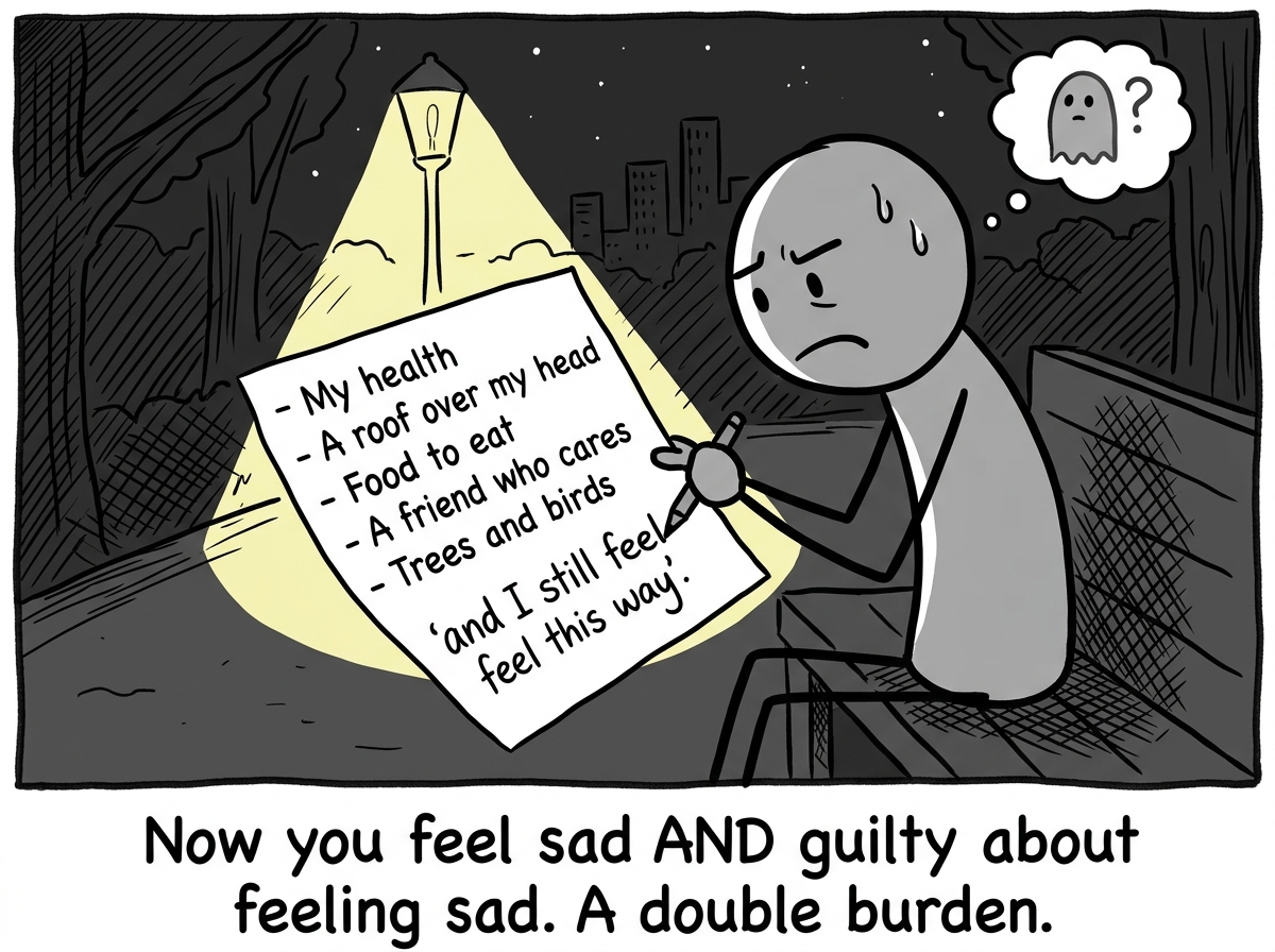 The stick figure alone at night, holding the same list of good things, adding 'and I STILL feel this way' at the bottom, the guilt now layered on top of the depression