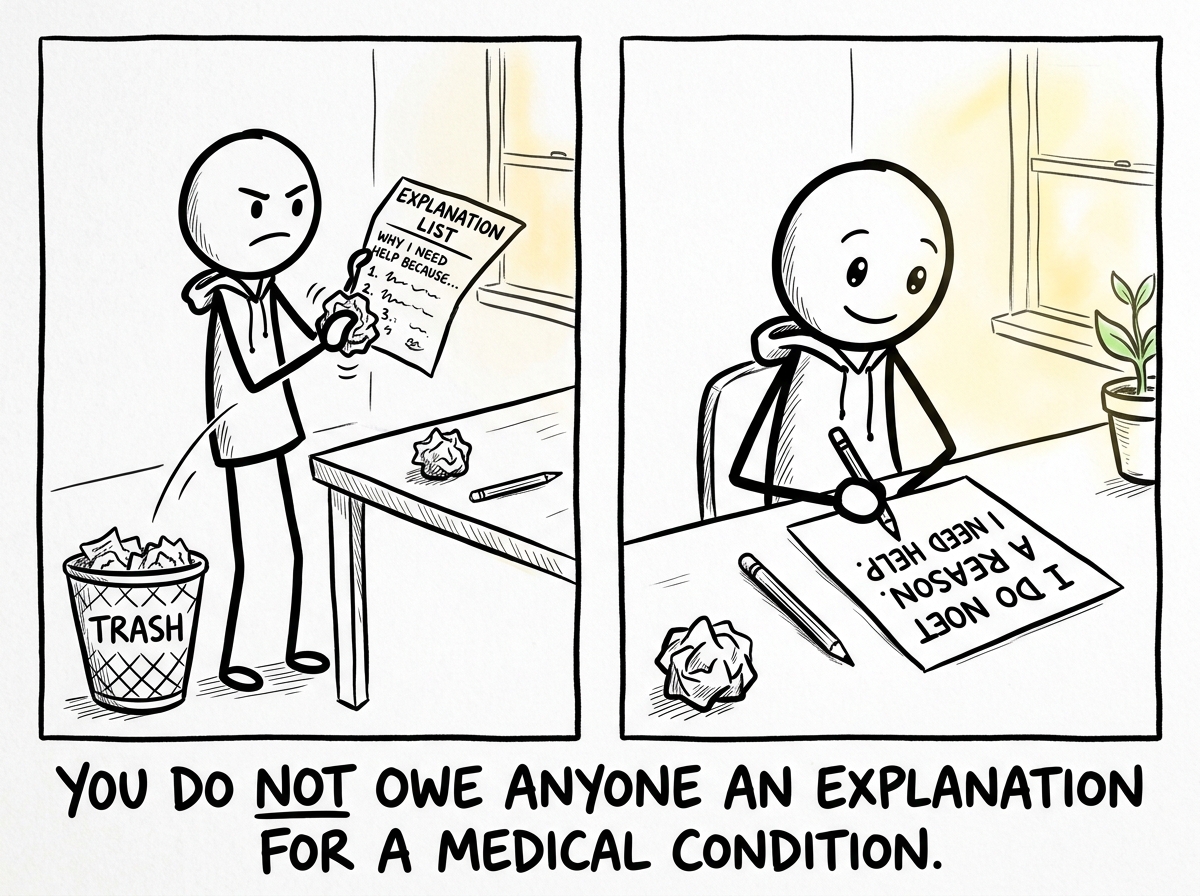 The stick figure crumpling the list and instead writing 'Depression does not need a reason. I need help, not a justification.' looking slightly more resolved
