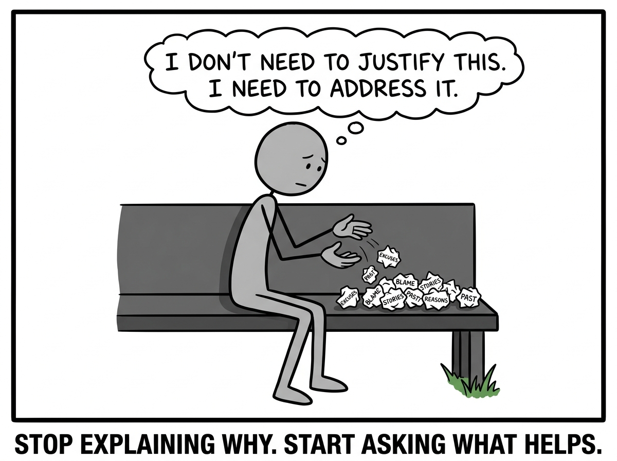 A gray stick figure sitting quietly, letting go of the crumpled reasons list, thinking 'I don't need to justify this. I need to address it.'