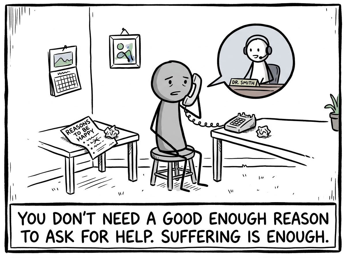 The stick figure making a phone call to a therapist or doctor, still gray but taking one concrete step, the list of 'reasons to be happy' set aside