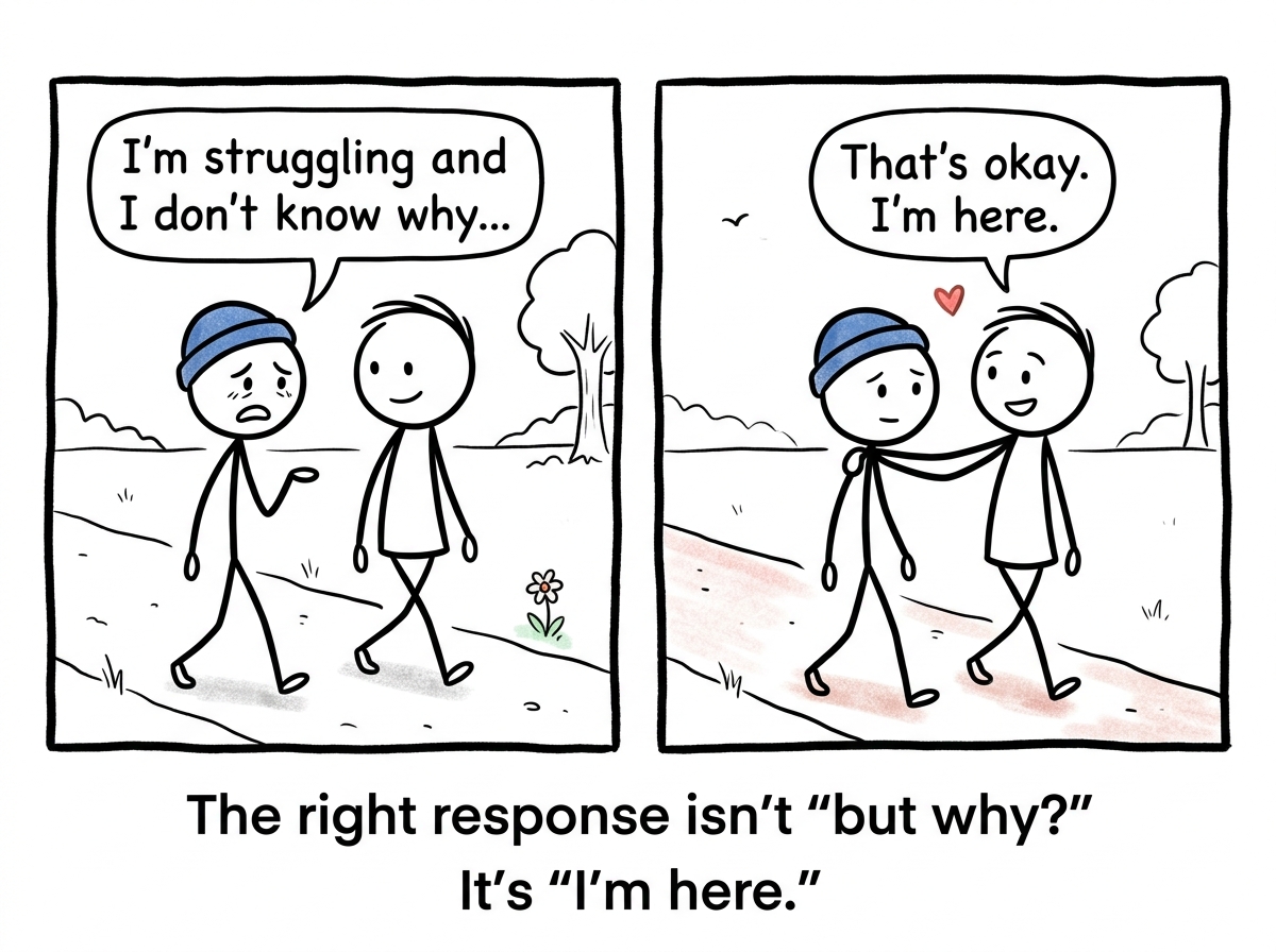 The stick figure telling a trusted friend 'I'm struggling and I don't know why' and the friend simply saying 'That's okay. I'm here.'