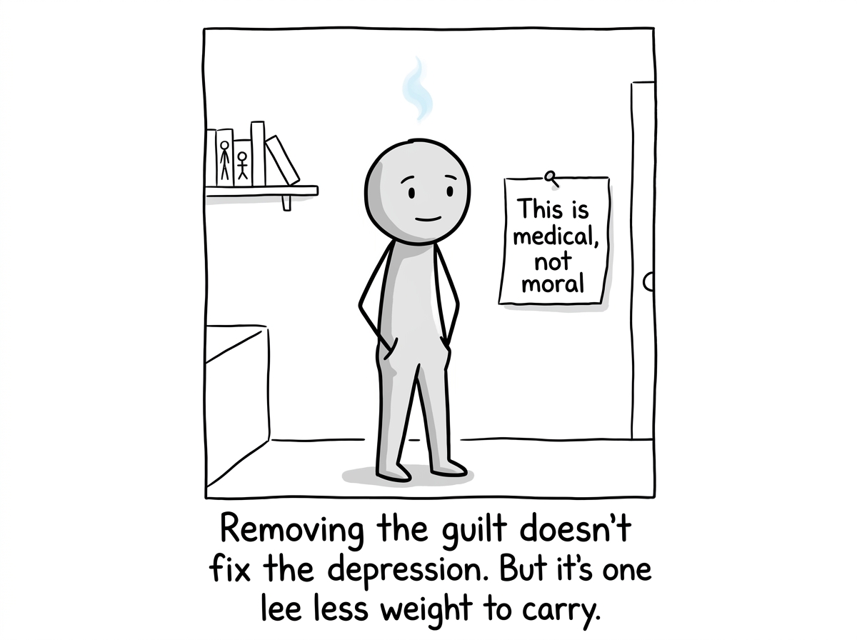 The stick figure slightly less gray, not cured but no longer carrying guilt on top of depression, a small note reading 'This is medical, not moral'