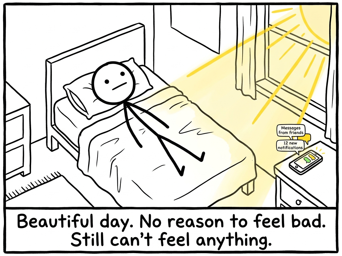 A stick figure lying in bed on a sunny morning, light streaming through the window, phone showing messages from friends, but the figure is staring at the ceiling with a completely blank expression