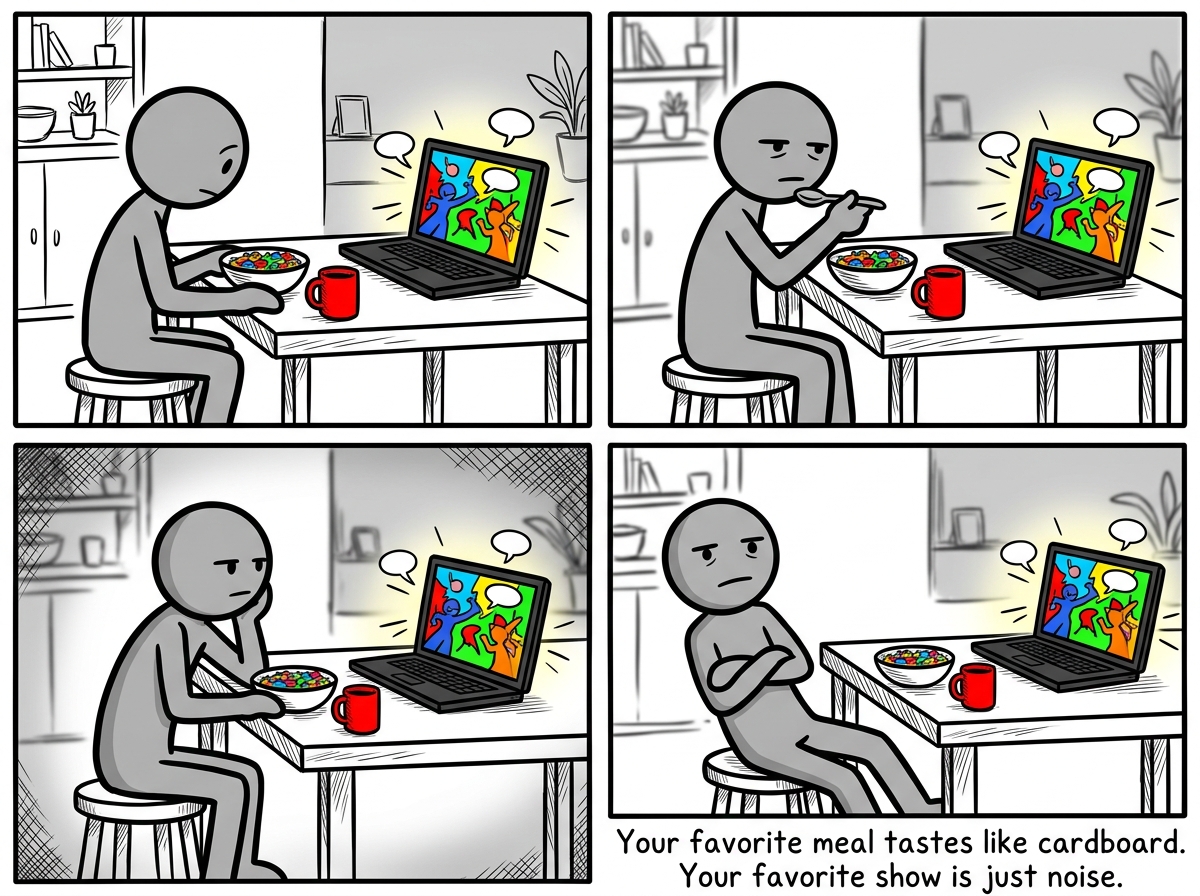 The stick figure sitting at a table with their favorite food and a show playing on a laptop, both drawn in vibrant color, while the figure themselves is drawn entirely in gray