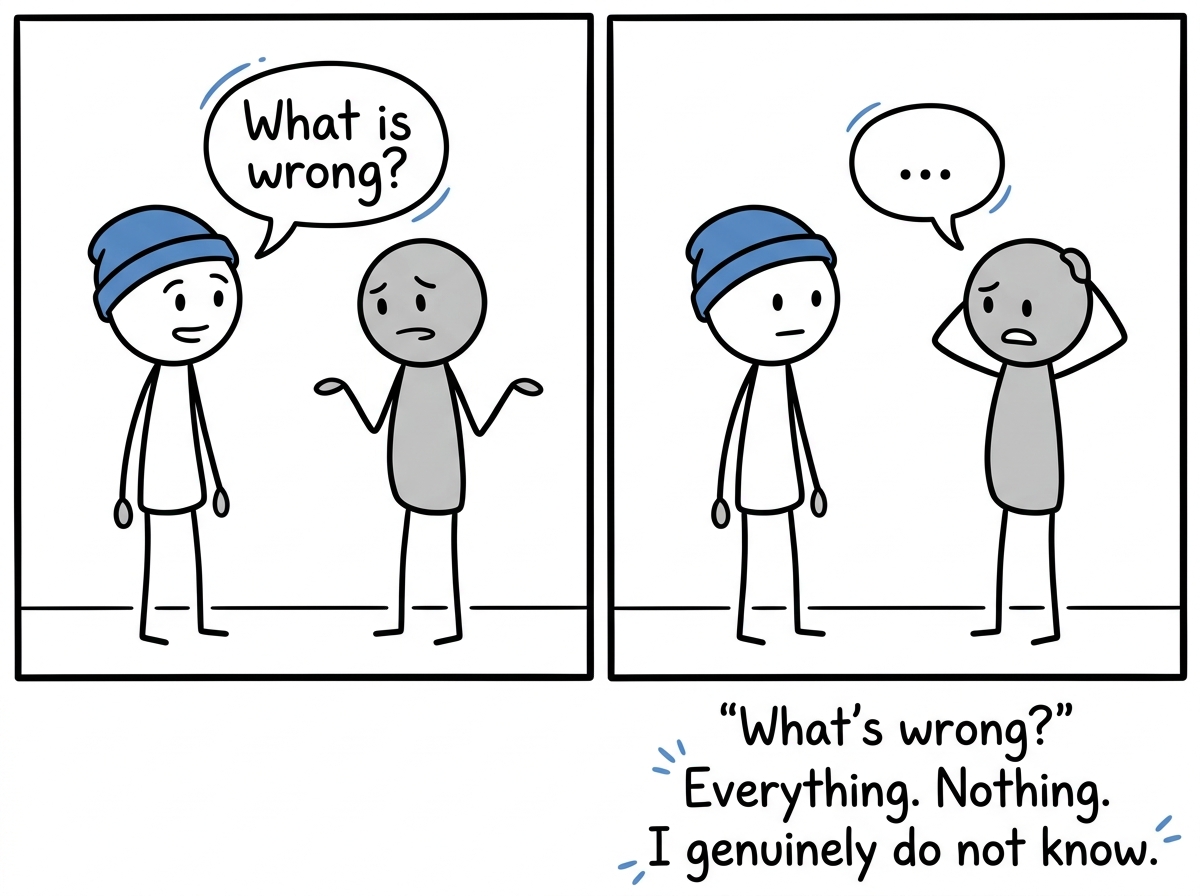 A friend asking the gray stick figure 'What is wrong?' and the figure trying to explain with a speech bubble that just contains '...' because there is no specific thing to point to