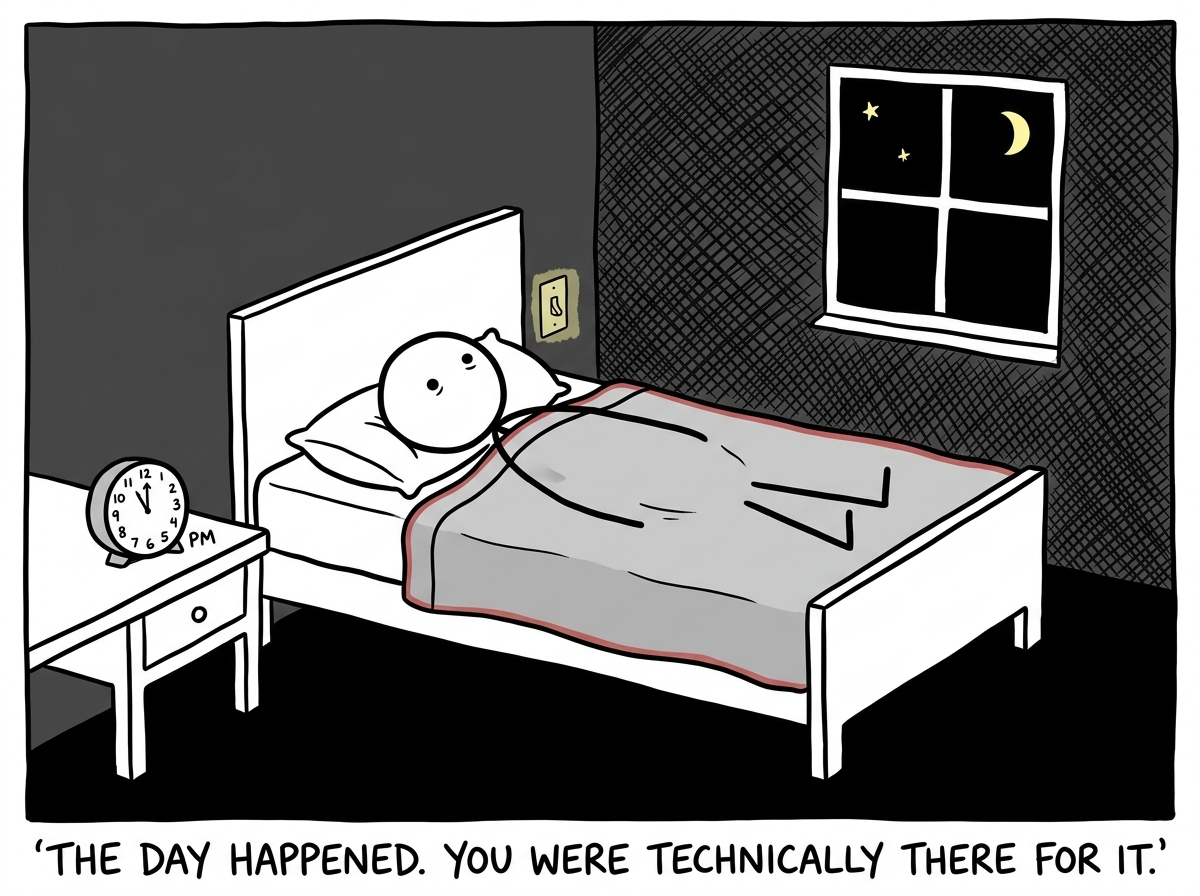The stick figure back in bed at night in the exact same position as the morning, the day having passed without any emotional register at all, the clock showing 11 PM