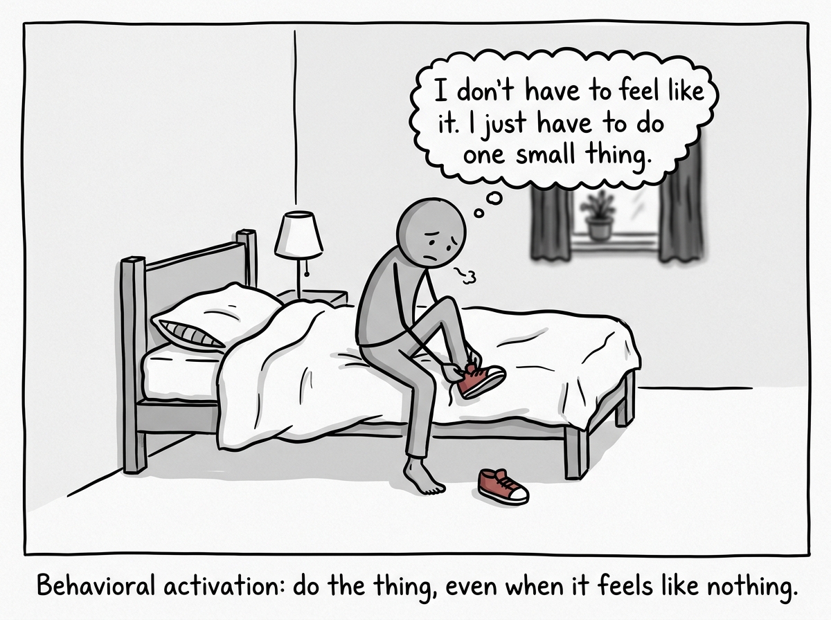 A gray stick figure sitting on the edge of the bed, not feeling motivated but putting on shoes anyway, thinking 'I don't have to feel like it. I just have to do one small thing.'