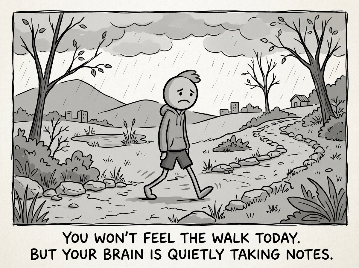 The stick figure taking a short walk outside, still gray, not enjoying it yet, but their feet are moving and the world is around them