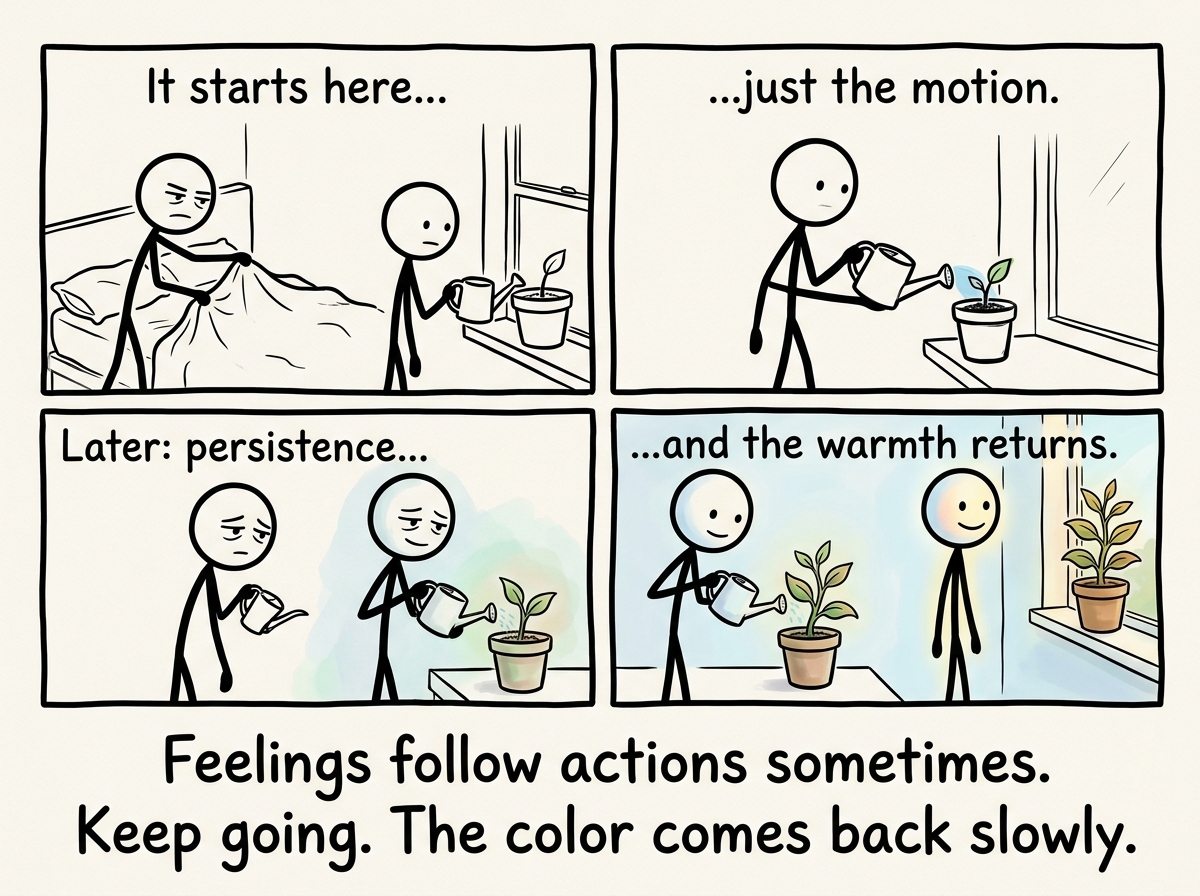 The stick figure doing one tiny routine -- making the bed, watering a plant -- not with joy but with gentle persistence, a faint color returning at the edges