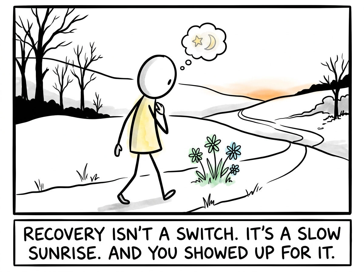 The stick figure weeks later, still not fully vibrant but noticeably less gray, recognizing a small flicker of something -- not happiness yet, but the memory that happiness exists