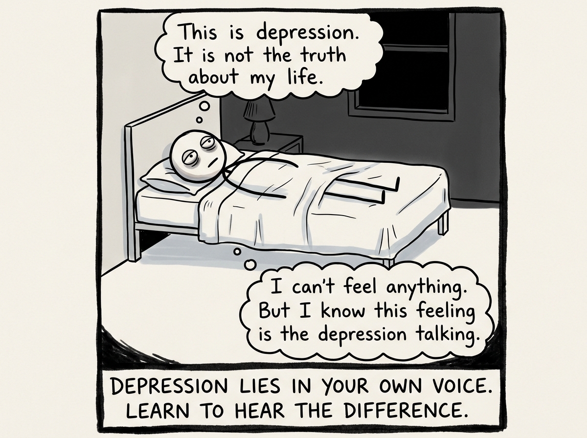 A stick figure lying in bed, unable to feel anything, gently telling themselves 'This is depression. It is not the truth about my life.'