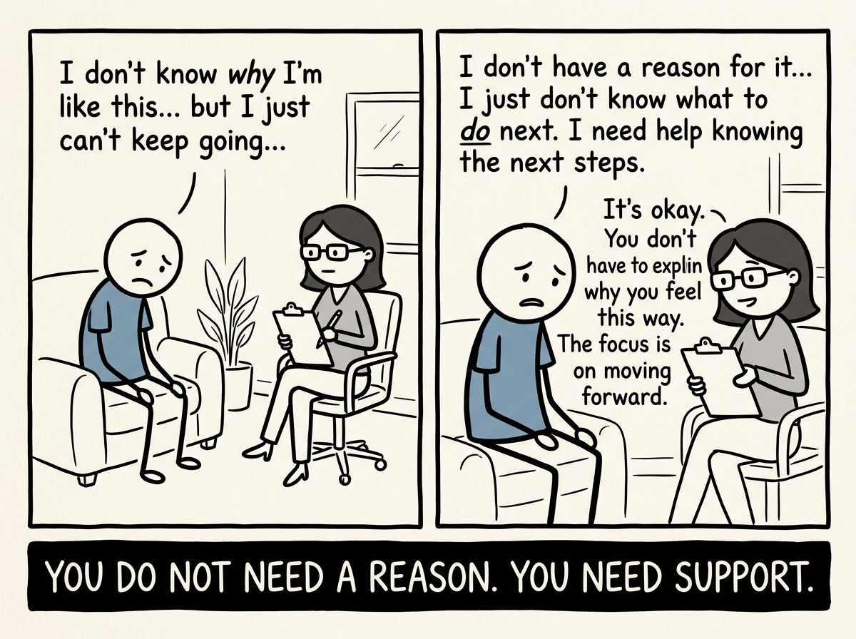The stick figure talking to a professional, not explaining why they are depressed but asking for help with what to do next
