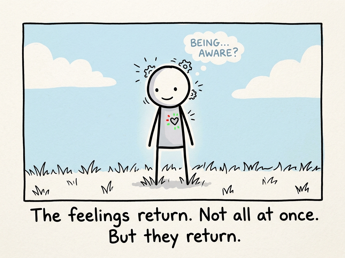 The stick figure on a slightly better day, the gray a shade lighter, the feeling system slowly coming back online