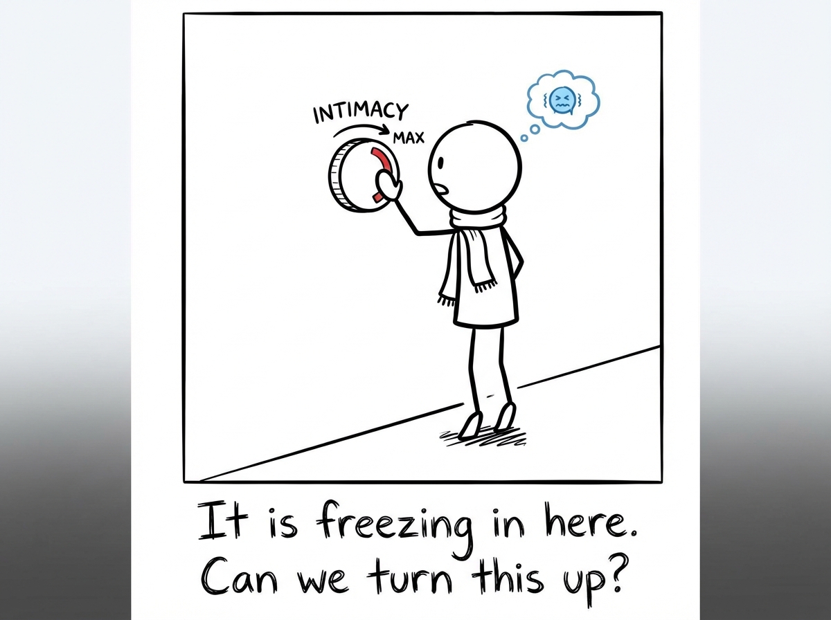 Two stick figures in a living room with a large thermostat on the wall labeled 'INTIMACY,' one figure reaching up to turn the dial higher with an eager expression, a thought bubble reading 'It is freezing in here'