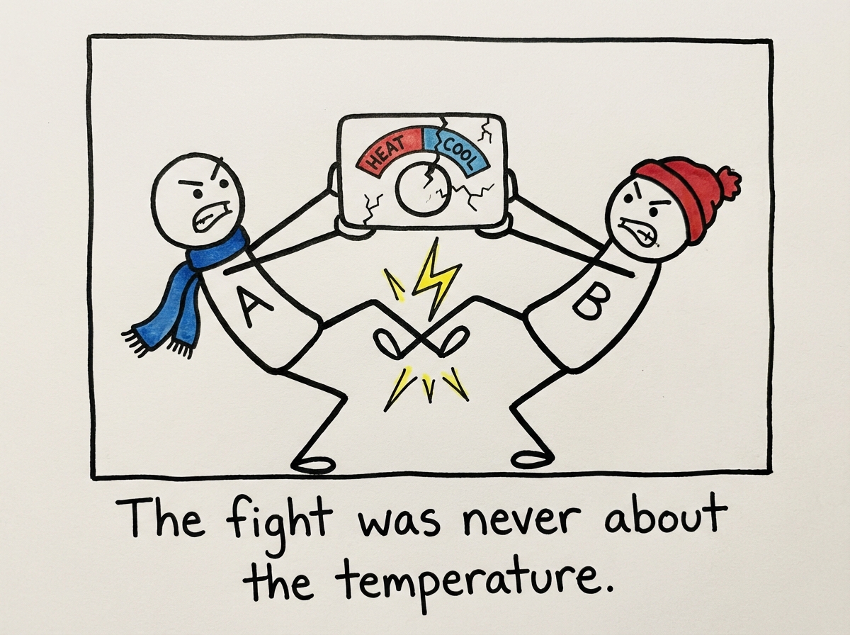 Both stick figures standing on opposite sides of the thermostat, arms crossed, backs partially turned, the first figure's thought bubble reading 'You do not want me' and the second figure's thought bubble reading 'You only want one thing,' both wrong and both hurting