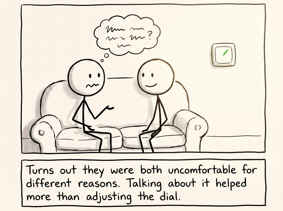 Both stick figures sitting on the floor together away from the thermostat, facing each other, the first saying 'I feel unwanted when the dial is low' and the second saying 'I need to feel safe before I can want closeness,' the thermostat in the background no longer the focus