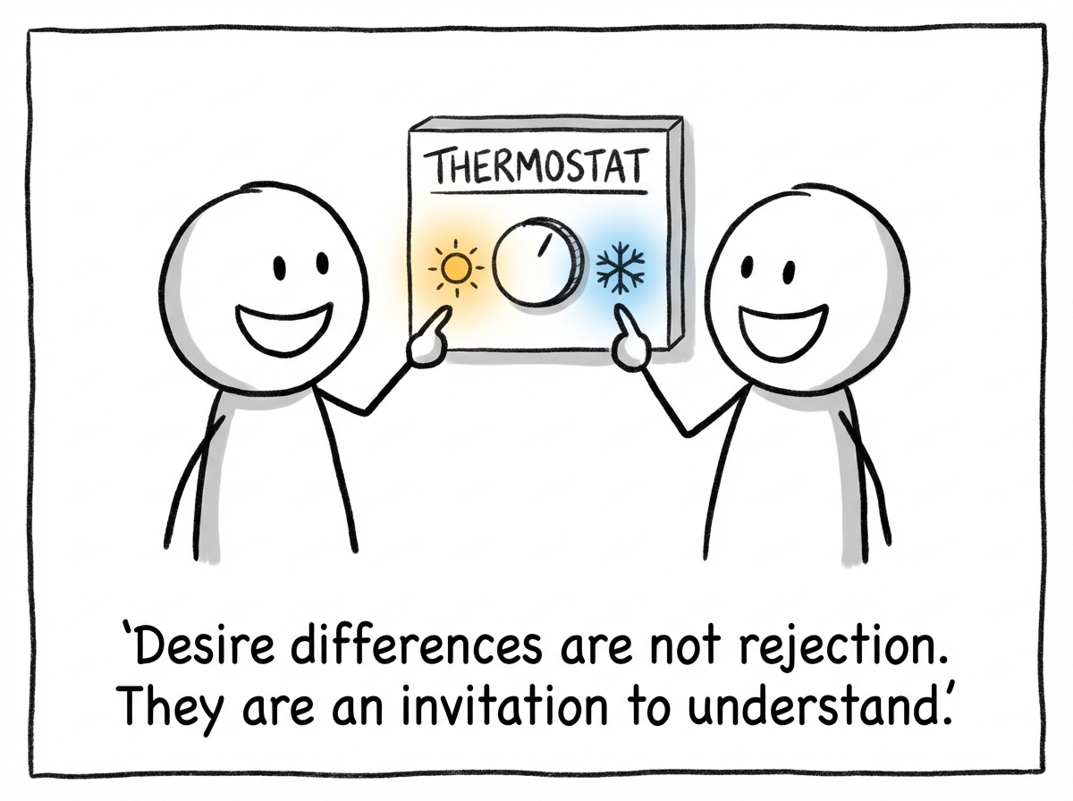 Both stick figures sitting side by side looking at the thermostat together instead of fighting over it, one holding a notepad that says 'What do you actually need?' with both figures looking calmer and more connected