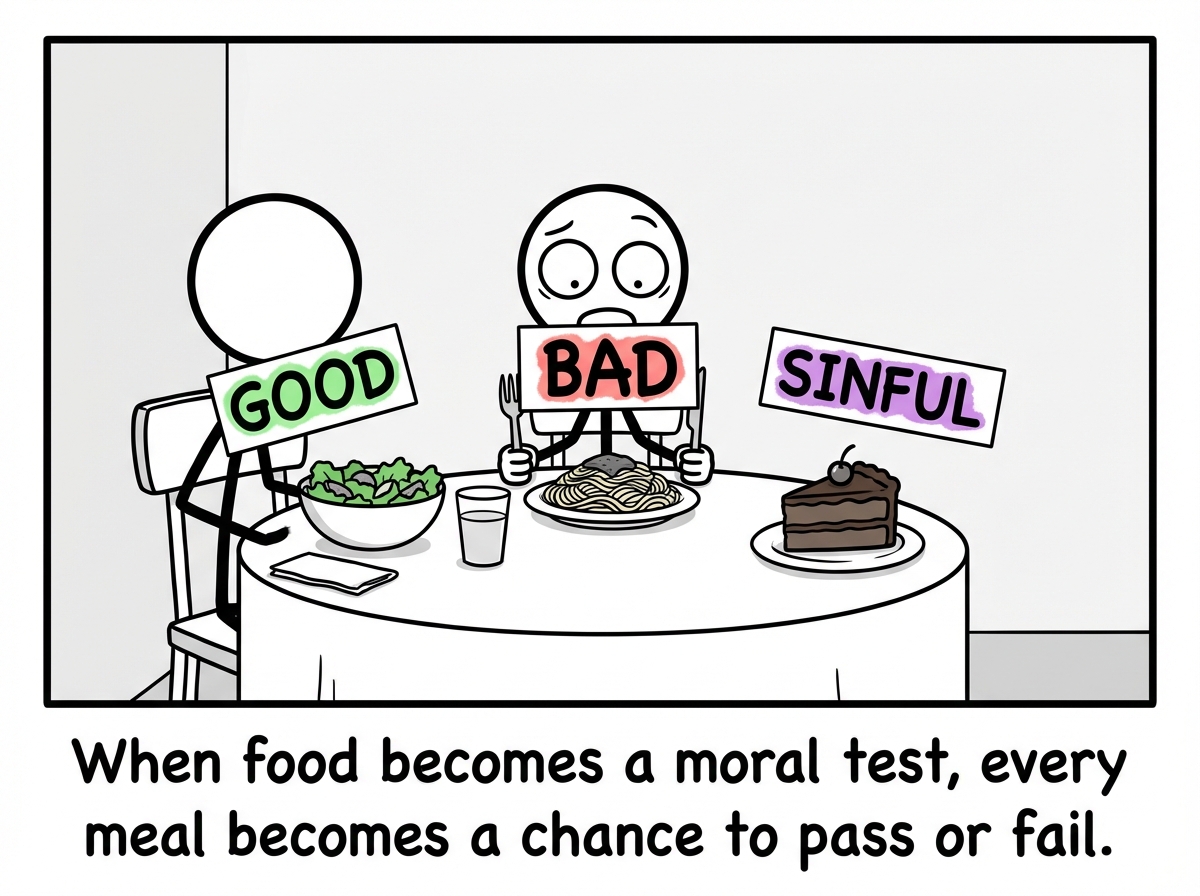 A stick figure at a dinner table surrounded by floating labels: 'GOOD' over a salad, 'BAD' over pasta, 'SINFUL' over dessert. The figure looks paralyzed