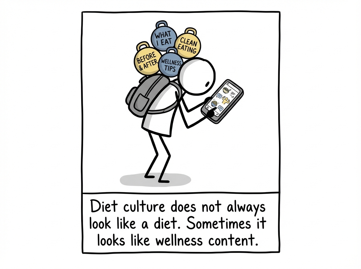 A stick figure scrolling through a phone seeing 'What I Eat in a Day' videos, clean eating tips, and before-and-after photos. Each one adds a small weight to their shoulders