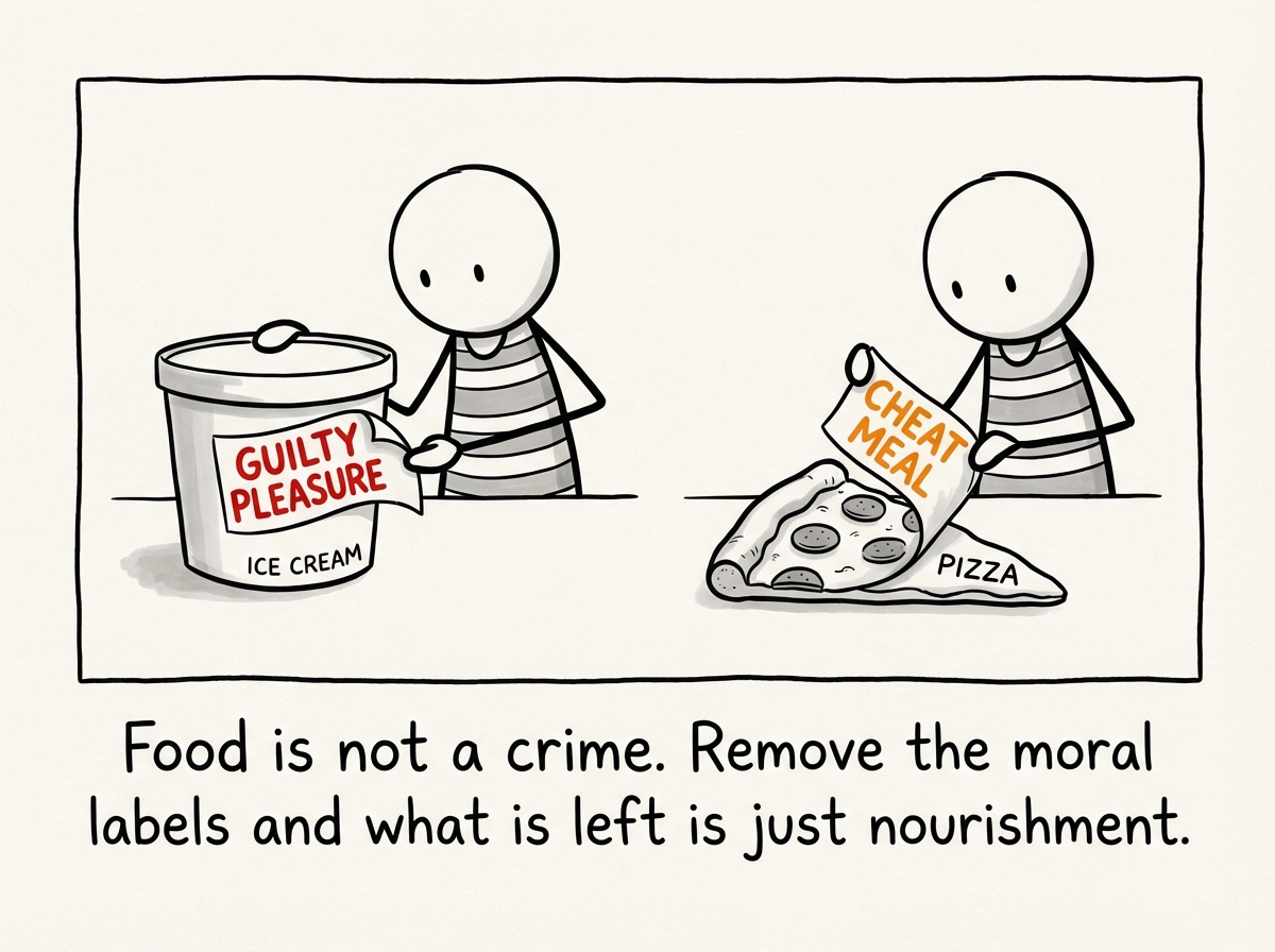 A stick figure ripping off labels from food -- removing 'guilty pleasure' from ice cream, 'cheat meal' from pizza. The food underneath is just food