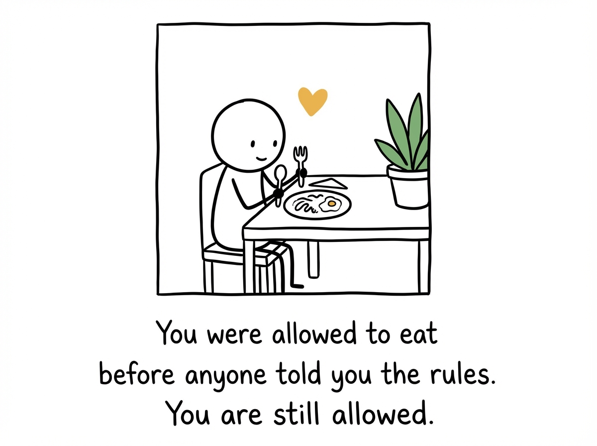 A stick figure eating a meal calmly, no calorie counter, no guilt cloud, no scoreboard. Just a person and a plate